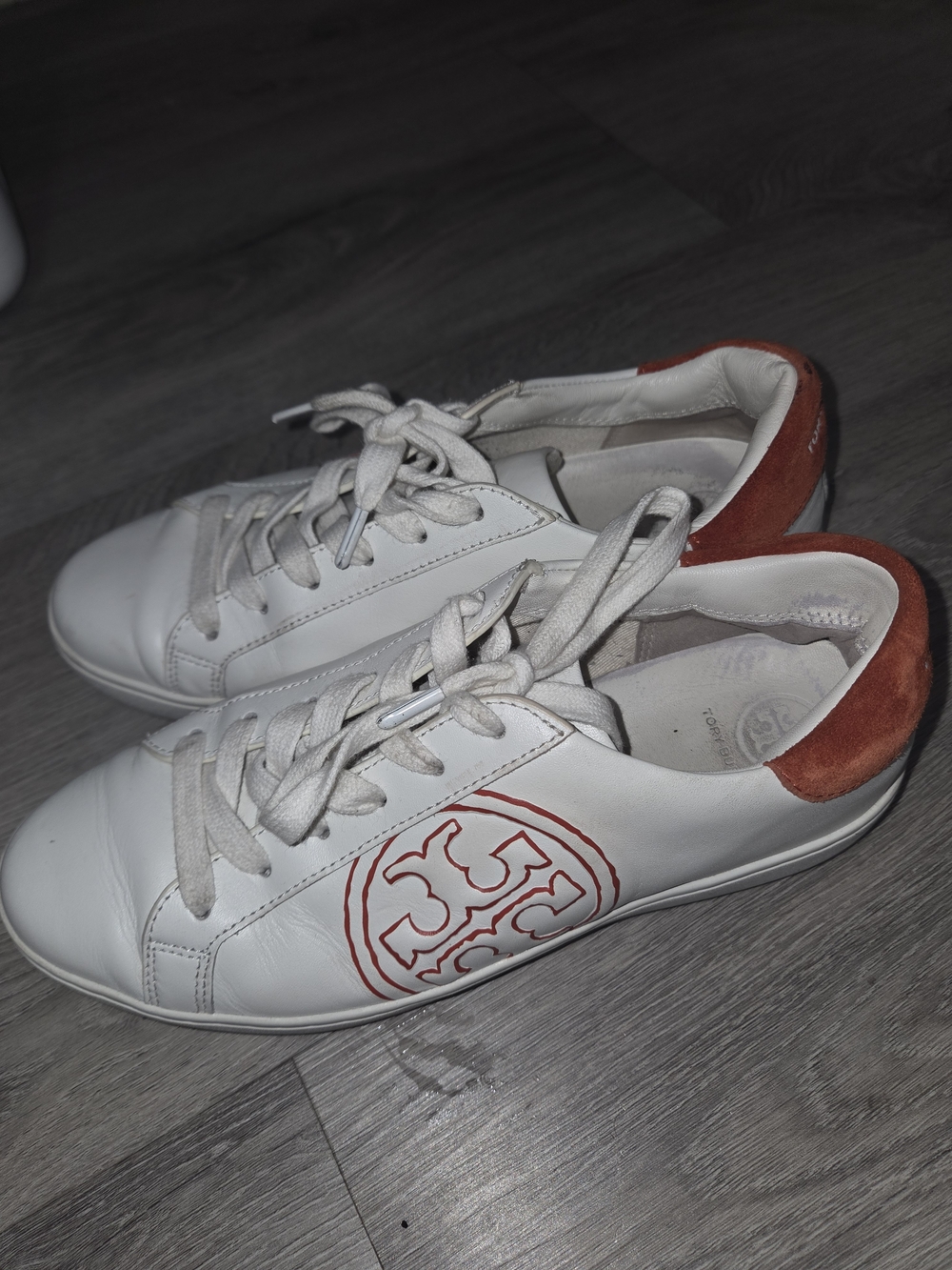 Tory Burch White Leather Sneakers with Burnt Orange Logo On Heel